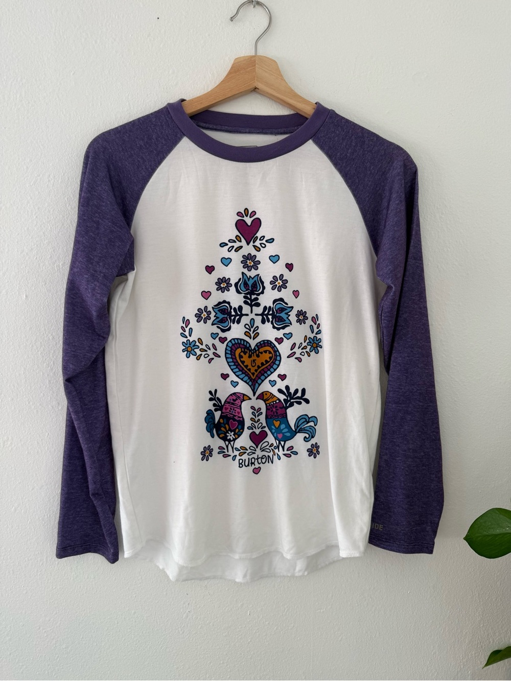 Burton White Tee with Purple Raglan Sleeves and Colorful Heart Graphic